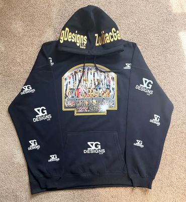 Black hoodie with multiple logos and a colorful design on the front.