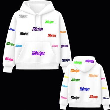 White hoodie covered with colorful "ZGDesigns" logos in various fonts and sizes.