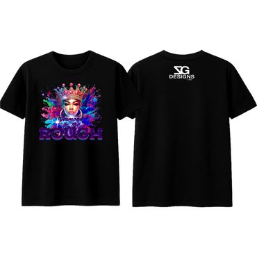 Black t-shirt featuring a colorful crowned woman and the phrase "Diamond In The Rough."