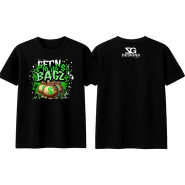 Black T-shirt with money bags and bold green text.