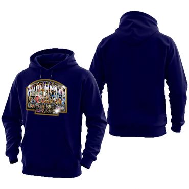 Navy blue hoodie with a colorful, bold front graphic design.