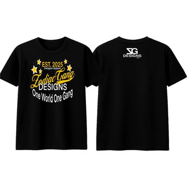 Black T-shirt with Zodiac Gang Designs logo and slogan in yellow and white.