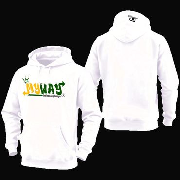 White hoodie with colorful "My Way" graphic on front and small logo on hood.