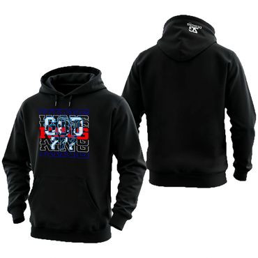 Black hoodie with colorful 'KING GOD 777' text on the front and logo on the back hood.