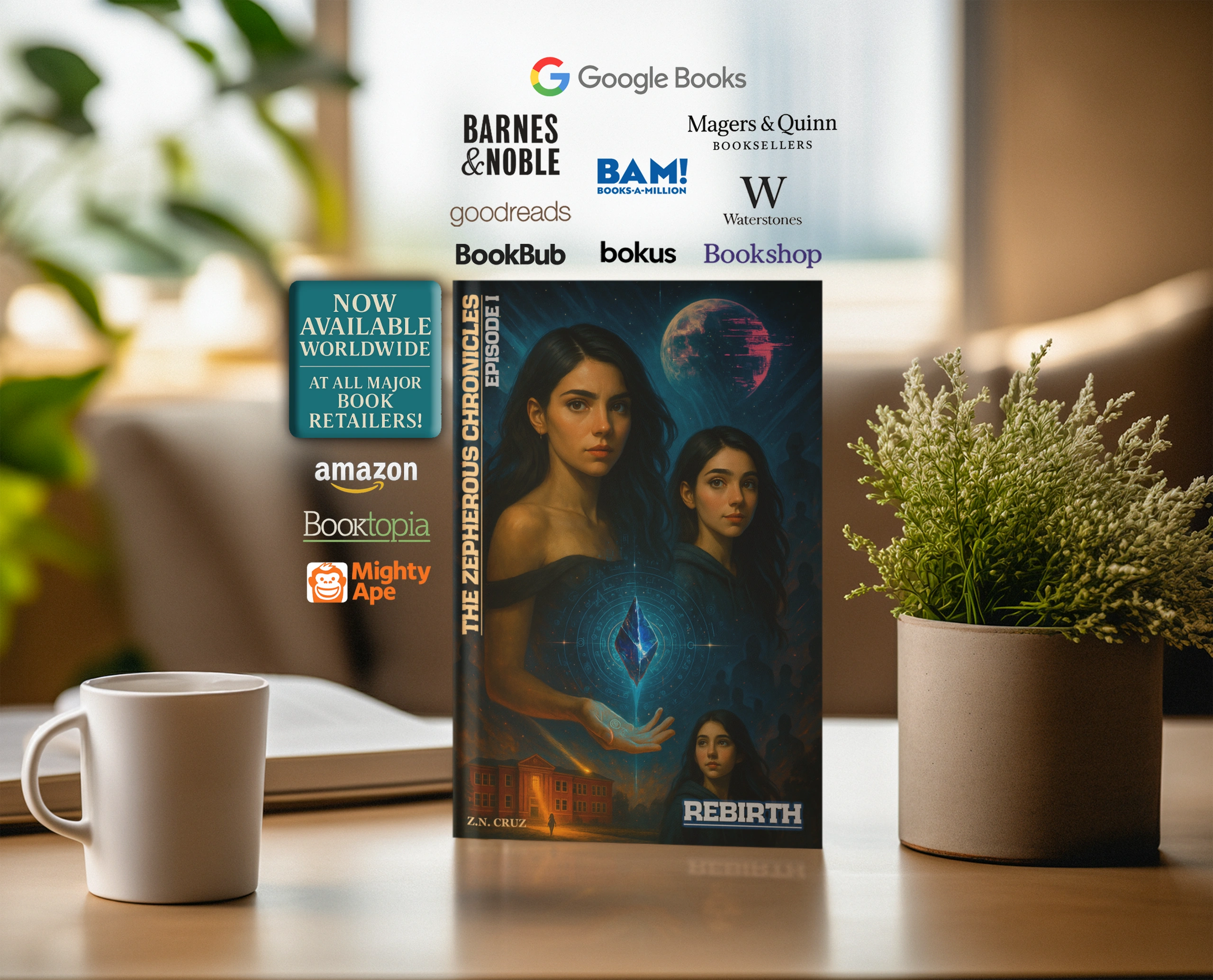 Mockup of the Zepherous Chronicles Rebirth on a table in mid afternoon. Available worldwide