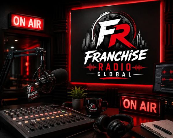 A professional radio studio with Franchise Radio Global branding and 'On Air' signs.