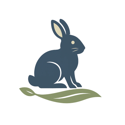 Simple blue rabbit illustration sitting on grass.
