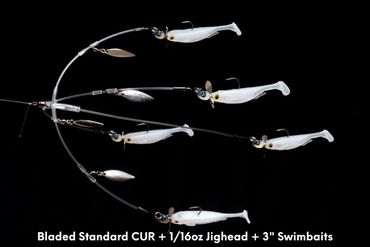 Clear Umbrella Rig rigged with white swim baits