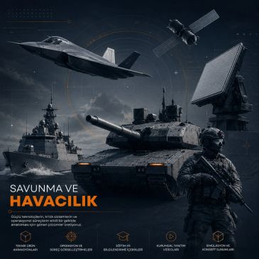 Savunma ve havacılık teknolojilerinin görseli, savaş araçları ve uyduyla.