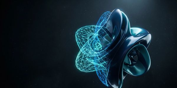 Abstract 3D digital art with glowing mesh and smooth shapes on dark background.