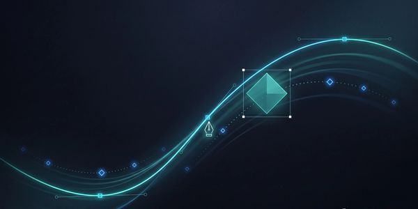 Abstract digital wave with glowing blue shapes and graphic design software icons.
