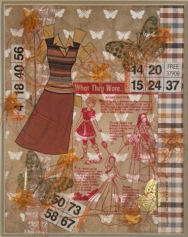 Vintage-style collage with dresses, butterflies, and bingo cards on a textured background.