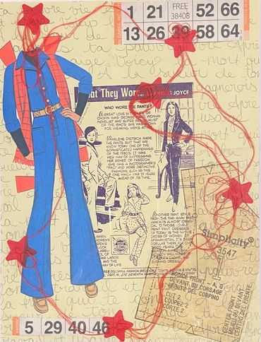 Collage featuring vintage fashion illustrations, text, and red embroidered stars.