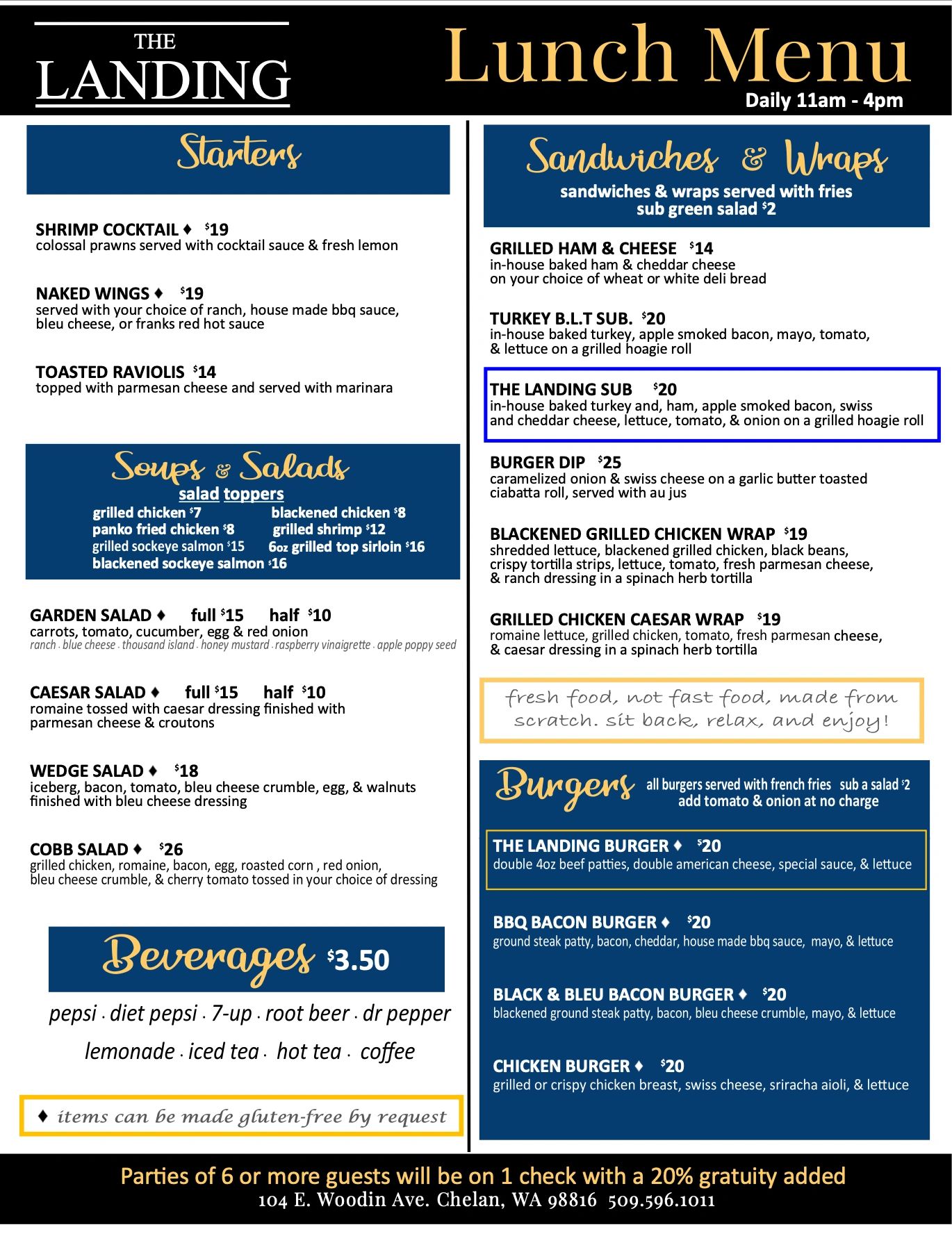 Lunch menu at The Landing featuring starters, soups, salads, sandwiches, wraps, and burgers.