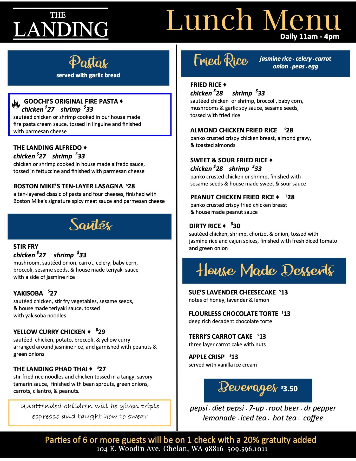 Lunch menu from The Landing featuring pastas, fried rice, sautés, desserts, and beverages.