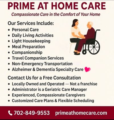 Advertisement for Prime At Home Care with various caregiving services.