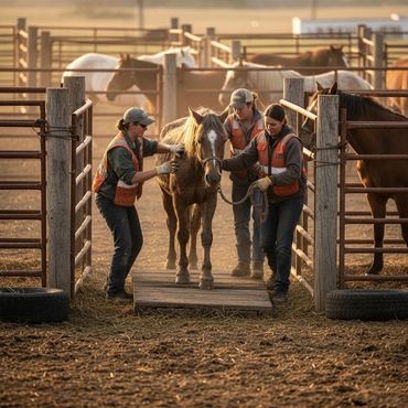 Three people guiding a horse over a wooden platform in a farm enclosure.