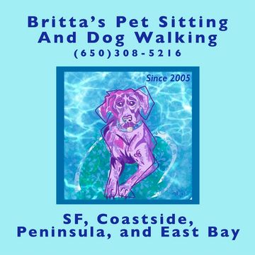 Logo for Britta's Pet Sitting and Dog Walking with a purple dog in water.