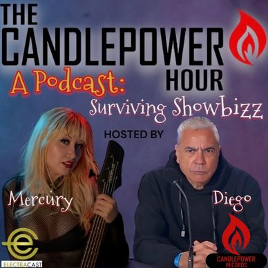 Podcast cover for 'The Candlepower Hour' featuring hosts Mercury and Diego.