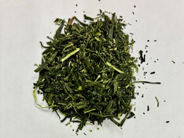 Pile of dried green tea leaves on white background.