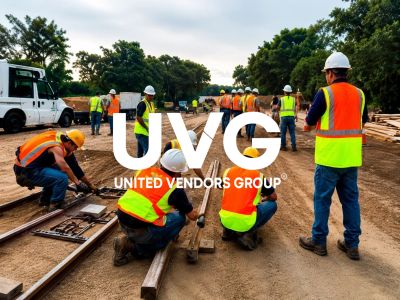 Construction workers laying railway tracks wearing safety gear.