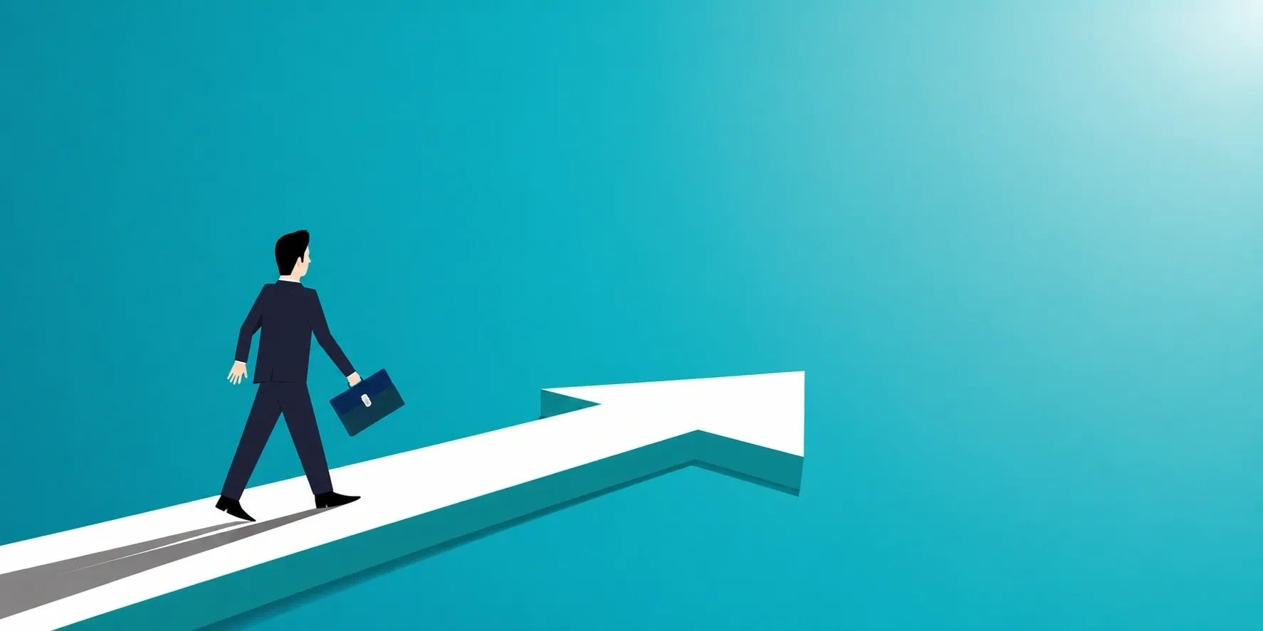 Businessman walking on a rising arrow symbolizing growth.