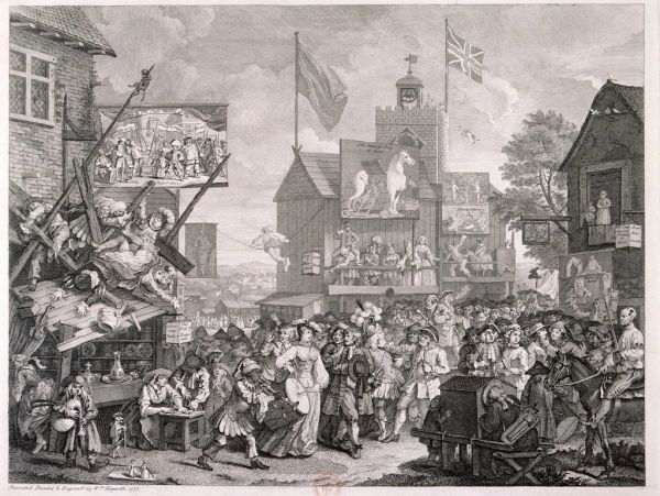 A lively 18th-century scene with a crowd gathered around a puppet theater and street performers.