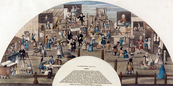 18th-century fair scene with various characters in a wooden building.