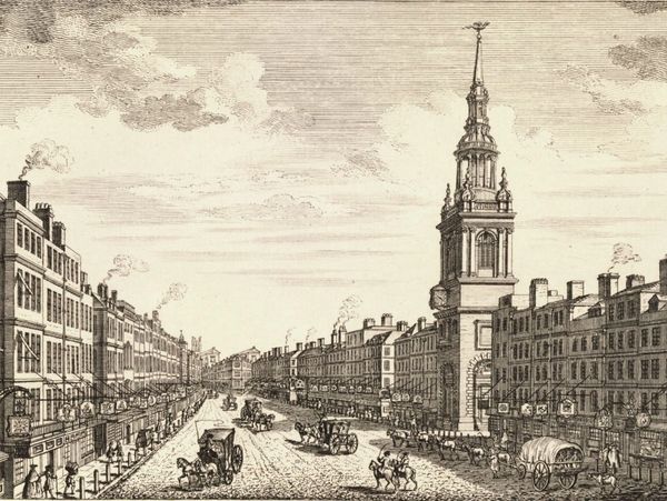 Historic city street with clocks and horse-drawn carriages.