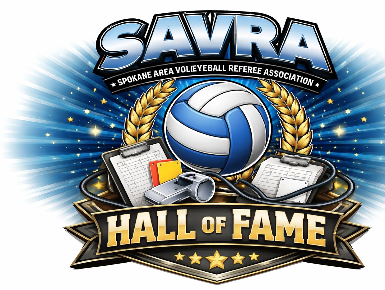 Logo for Spokane Area Volleyball Referee Association Hall of Fame with volleyball and referee items.