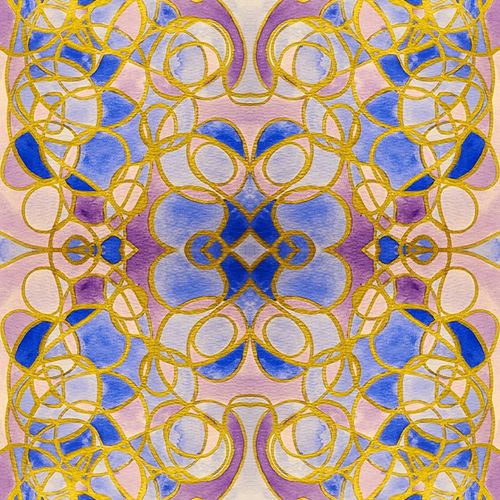 Blue, violet, and pink watercolor with gold marker. Swirling lines and shapes from center out.