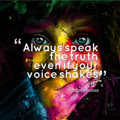 Colorful portrait with a quote about speaking the truth despite fear.