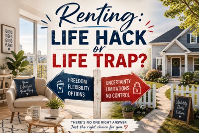 A graphic showing the title; Renting: Life Hack or Life Trap. There is a picture of family room on t