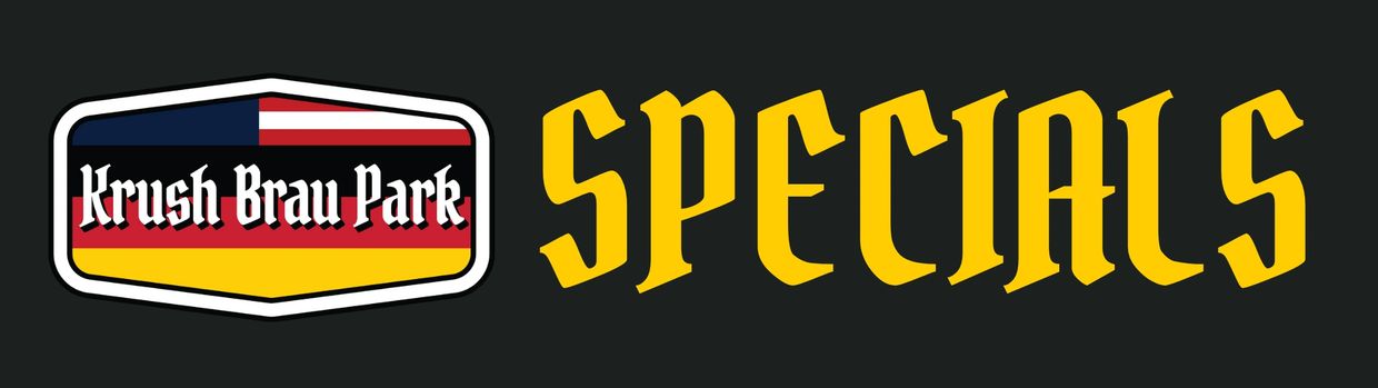 Krush Brau Park logo with bold yellow 'SPECIALS' text on black background.