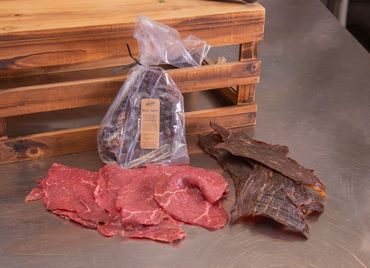 Fresh from the butcher, sliced and denuded, inside round. Marinated in our house marinade for 24 ho