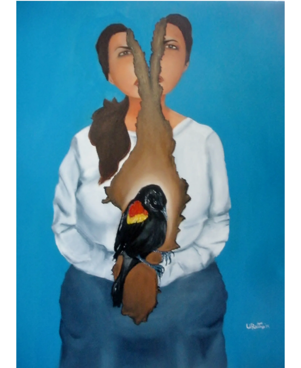 Latina woman seated ripped down center red-winged black bird in center cerulean blue background