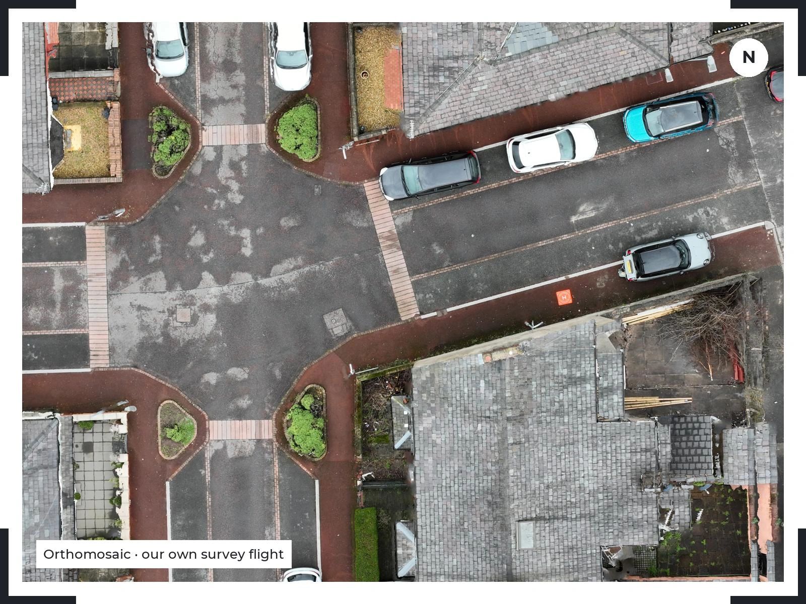 SkyRaid orthomosaic of a Warrington street, framed by survey viewfinder corners, north up
