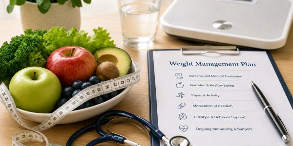 Weight management plan with healthy foods and medical tools.