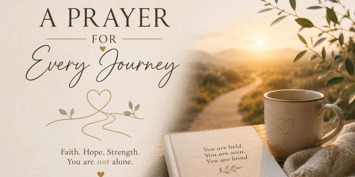 Inspirational prayer message with a book and cup at sunrise.