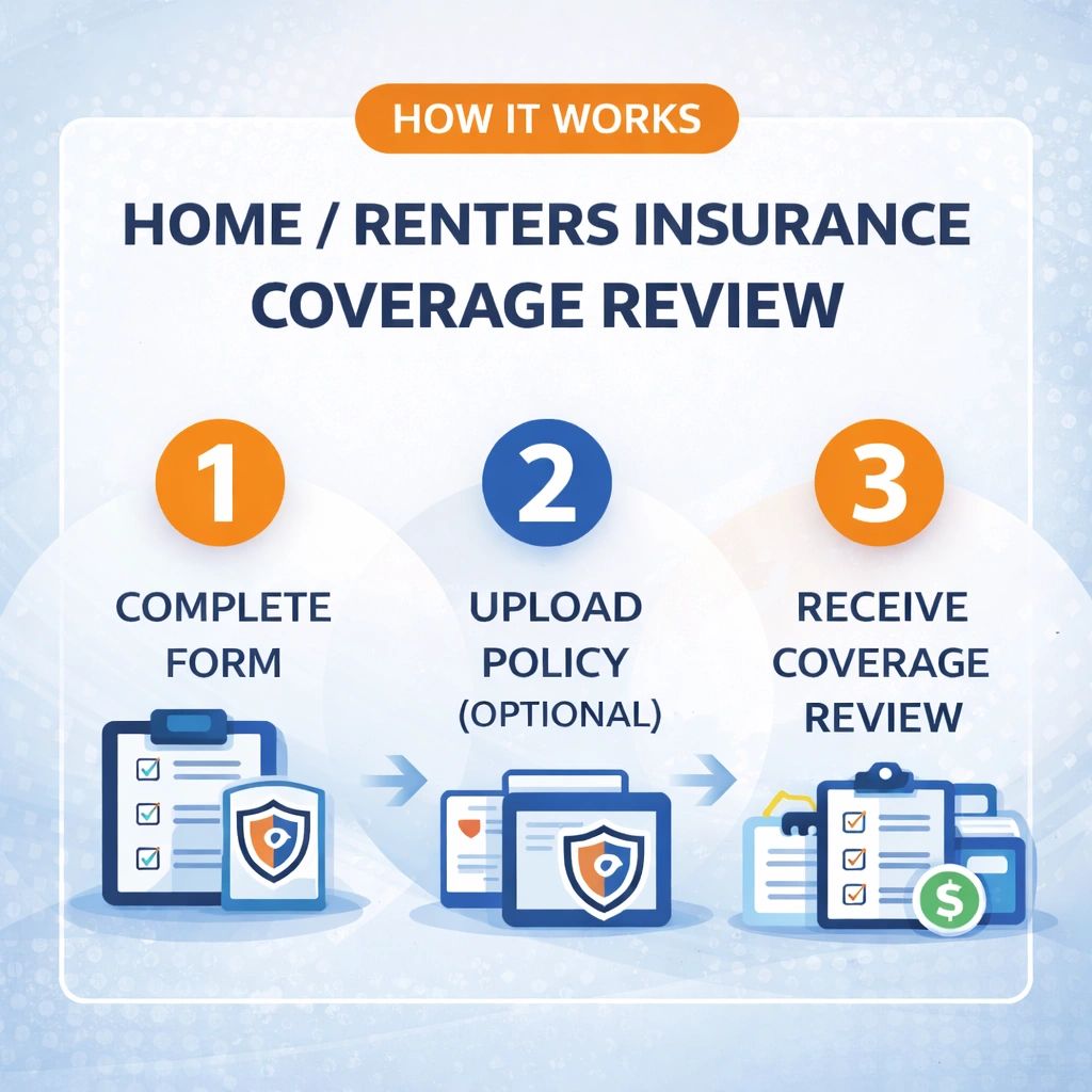 Steps for home/renters insurance coverage review: complete form, upload policy, receive review.