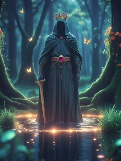 A mysterious figure in a dark cloak stands on a glowing forest path.