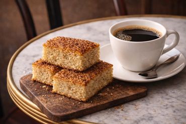 Three pieces of sesame cake with a cup of black coffee on a marble table.