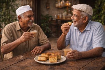 Two elderly men enjoying tea and snacks, sharing smiles and conversation.