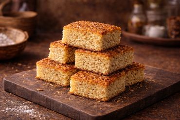 Golden brown sesame seed bars stacked on a wooden board.