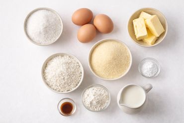 Baking ingredients including eggs, butter, sugar, milk, vanilla, and flour on a white surface.