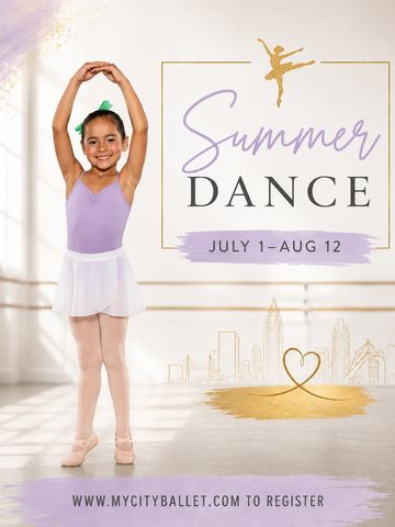 Young ballerina promoting summer dance classes from July 1 to August 12.
