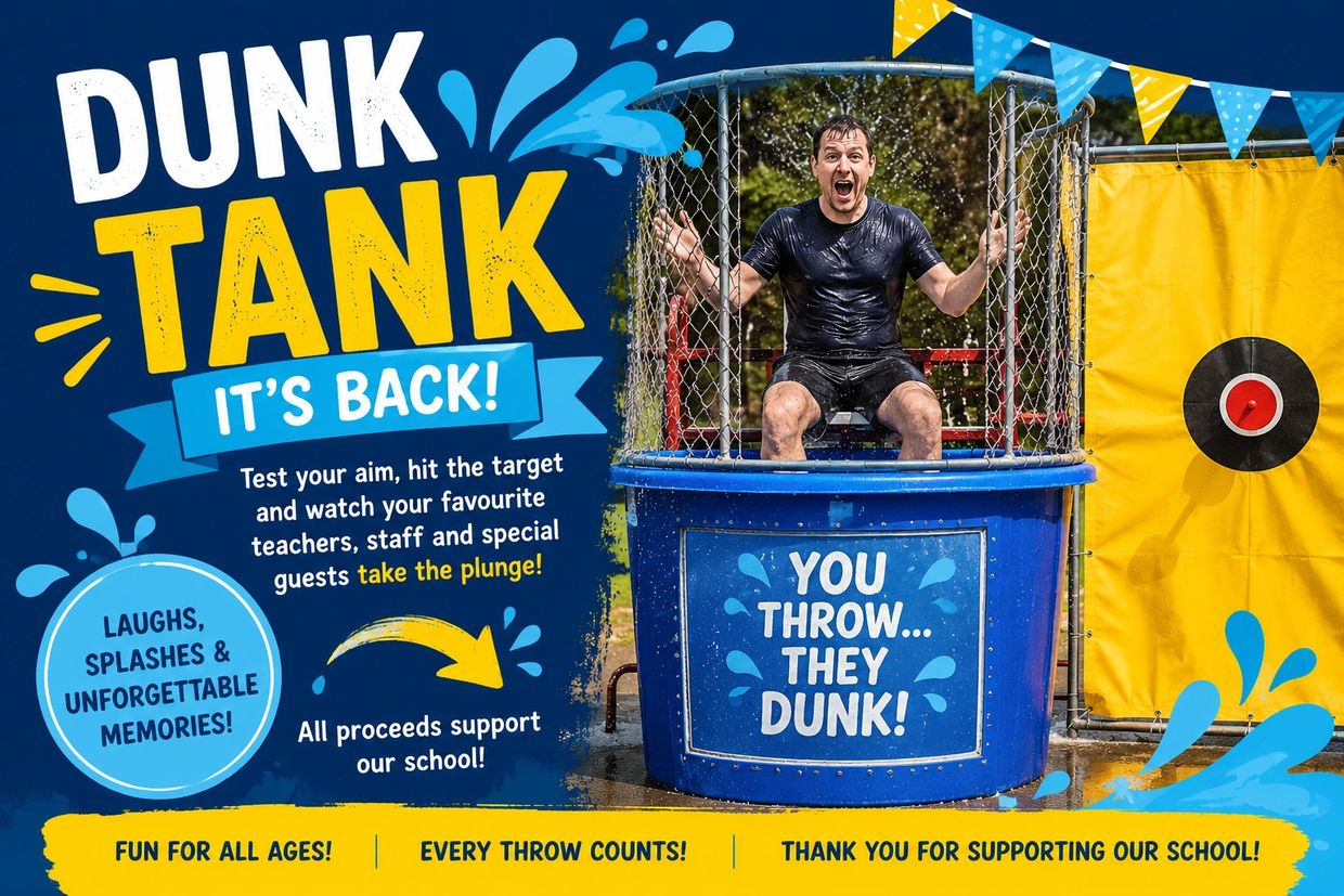 Man excitedly sits in dunk tank at school fundraiser event.