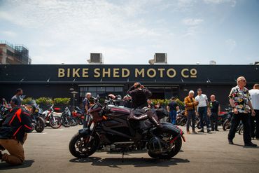 Bikeshed Moto Co. parking lot with electric motorcycles