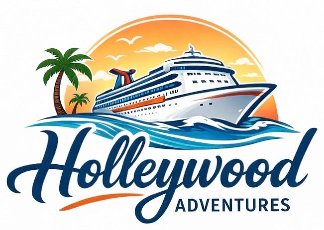 Logo of Holleywood Adventures featuring a cruise ship and palm trees.
