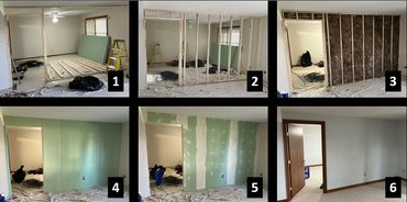 Six steps of building a wall from framing and drywall to painting and trim installation.